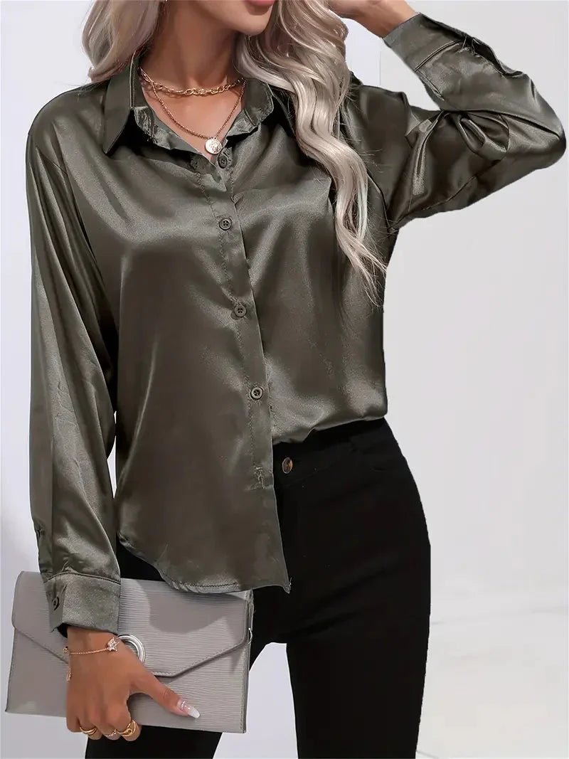 Elegant Satin Blouse with Collar and Button Closure for Women
