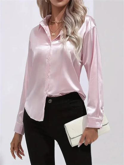 Blusa elegante in raso da donna, con colletto e chiusura con bottoni