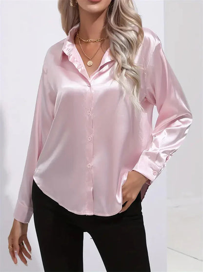 Blusa elegante in raso da donna, con colletto e chiusura con bottoni