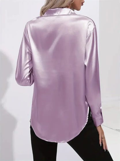 Blusa elegante in raso da donna, con colletto e chiusura con bottoni