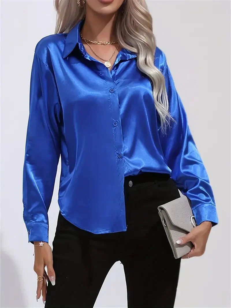 Blusa elegante in raso da donna, con colletto e chiusura con bottoni