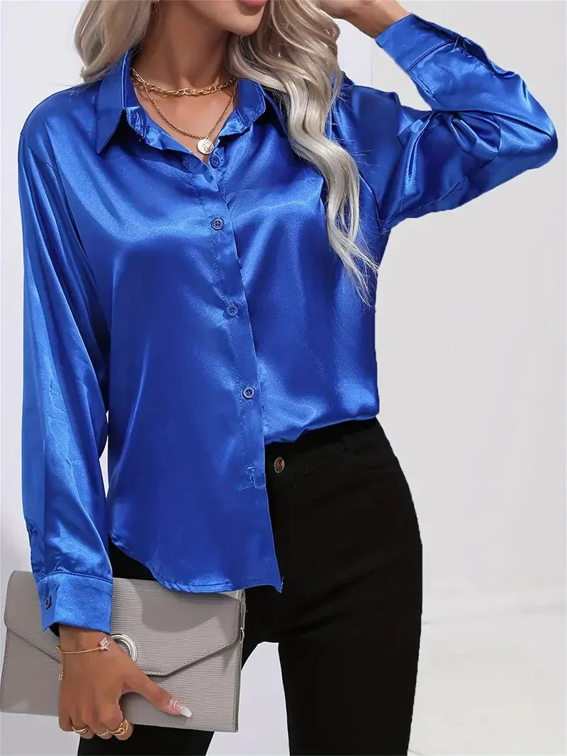 Blusa elegante in raso da donna, con colletto e chiusura con bottoni