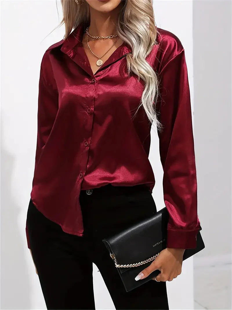 Blusa elegante in raso da donna, con colletto e chiusura con bottoni