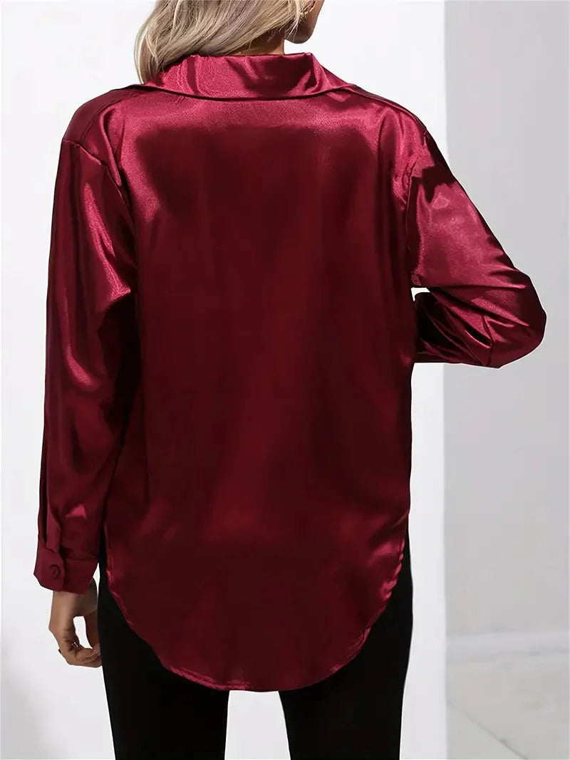 Blusa elegante in raso da donna, con colletto e chiusura con bottoni