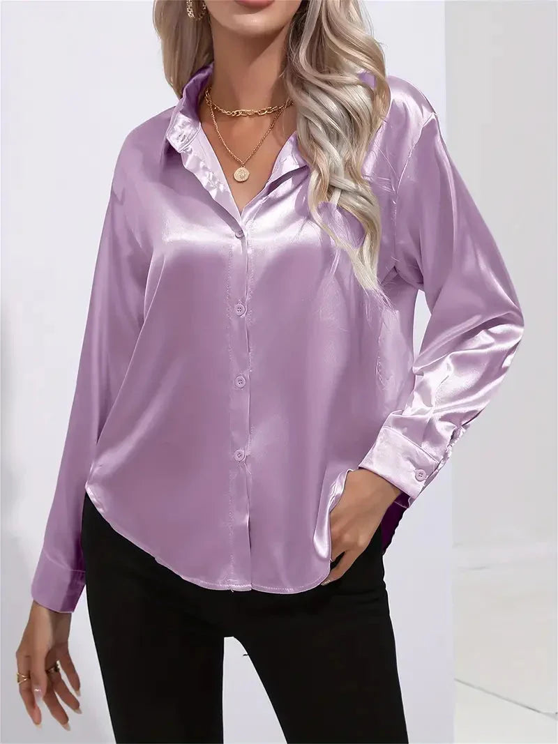Blusa elegante in raso da donna, con colletto e chiusura con bottoni