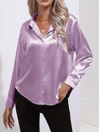 Blusa elegante in raso da donna, con colletto e chiusura con bottoni