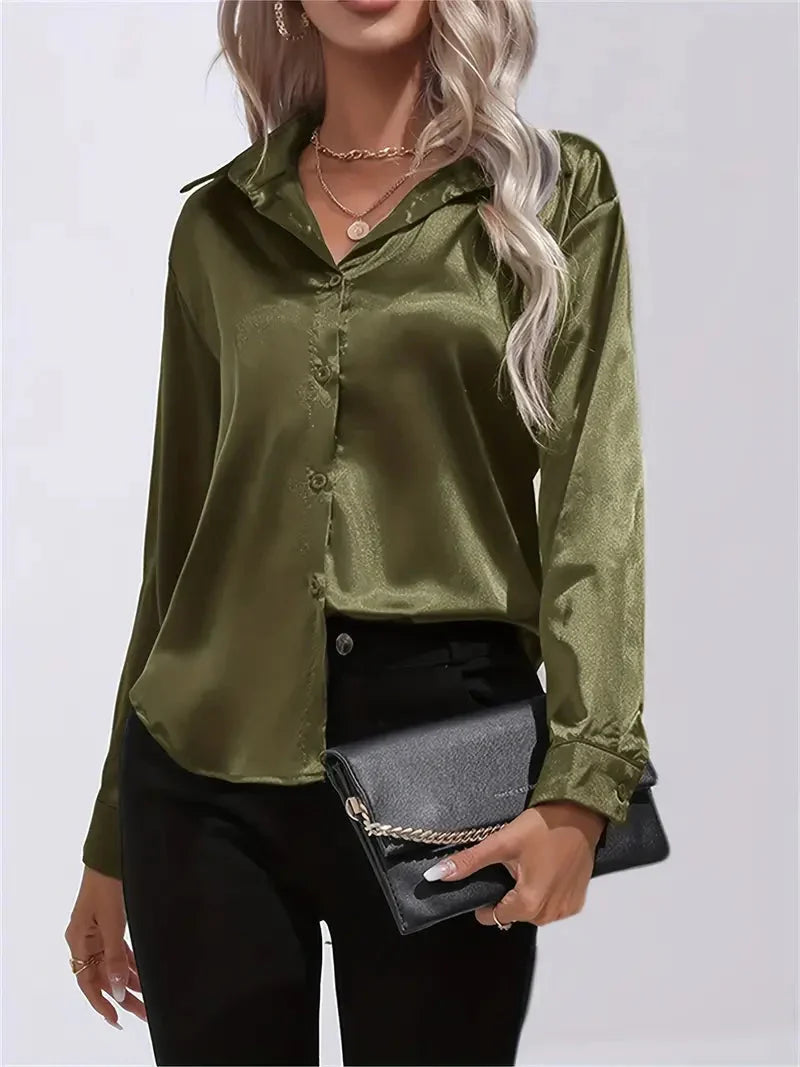 Blusa elegante in raso da donna, con colletto e chiusura con bottoni