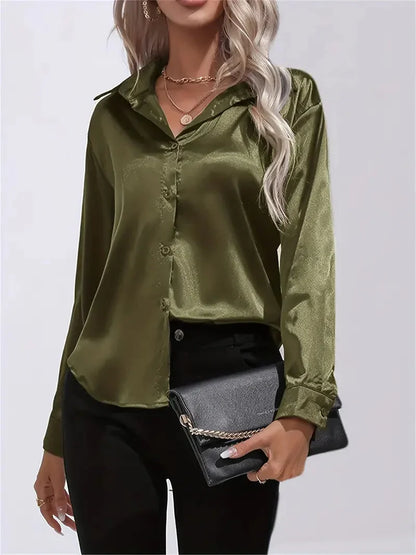 Blusa elegante in raso da donna, con colletto e chiusura con bottoni