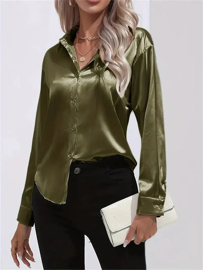 Blusa elegante in raso da donna, con colletto e chiusura con bottoni