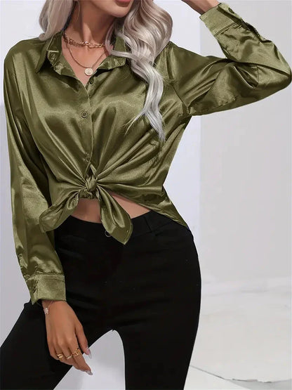 Blusa elegante in raso da donna, con colletto e chiusura con bottoni