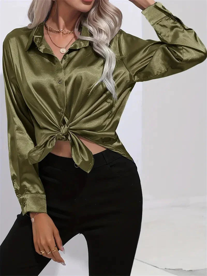 Elegant Satin Blouse with Collar and Button Closure for Women
