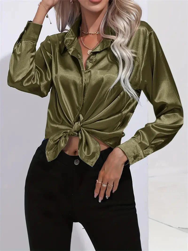 Elegant Satin Blouse with Collar and Button Closure for Women