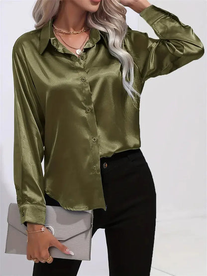 Blusa elegante in raso da donna, con colletto e chiusura con bottoni