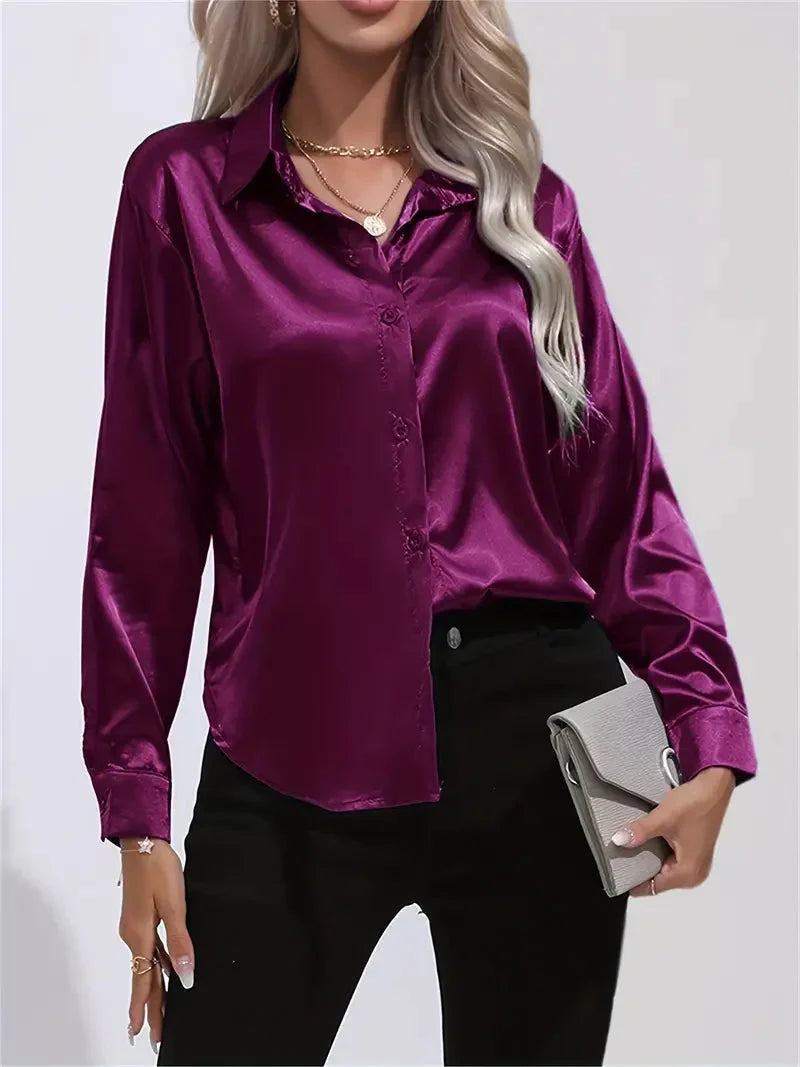 Blusa elegante in raso da donna, con colletto e chiusura con bottoni