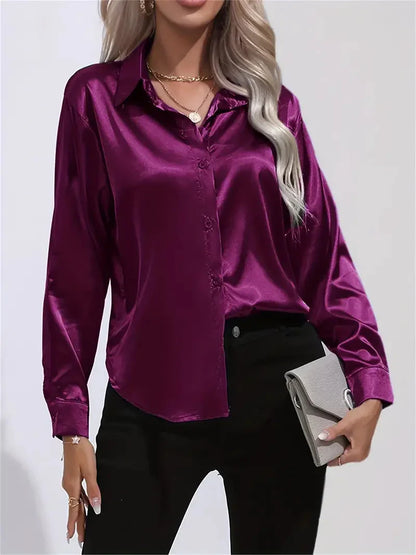 Blusa elegante in raso da donna, con colletto e chiusura con bottoni