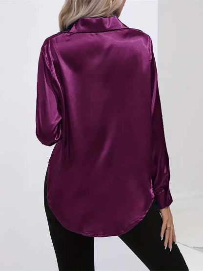 Blusa elegante in raso da donna, con colletto e chiusura con bottoni
