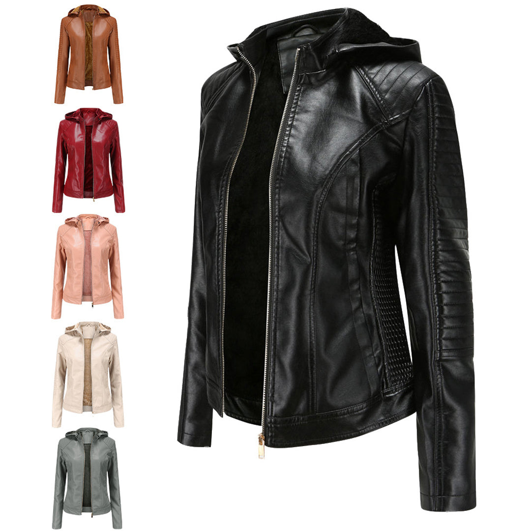 Leather Ladies Jacket with Removable Hood and Zipper