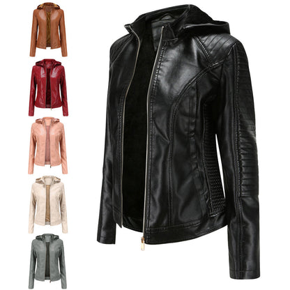 Leather Ladies Jacket with Removable Hood and Zipper