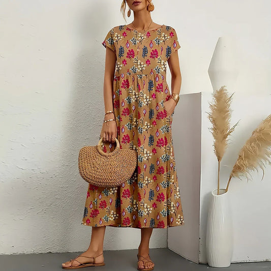 Vestido midi casual de mezcla de algodón y lino para mujer