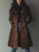 Ladies' Tailored Long Suede-Look Coat with Button Closure