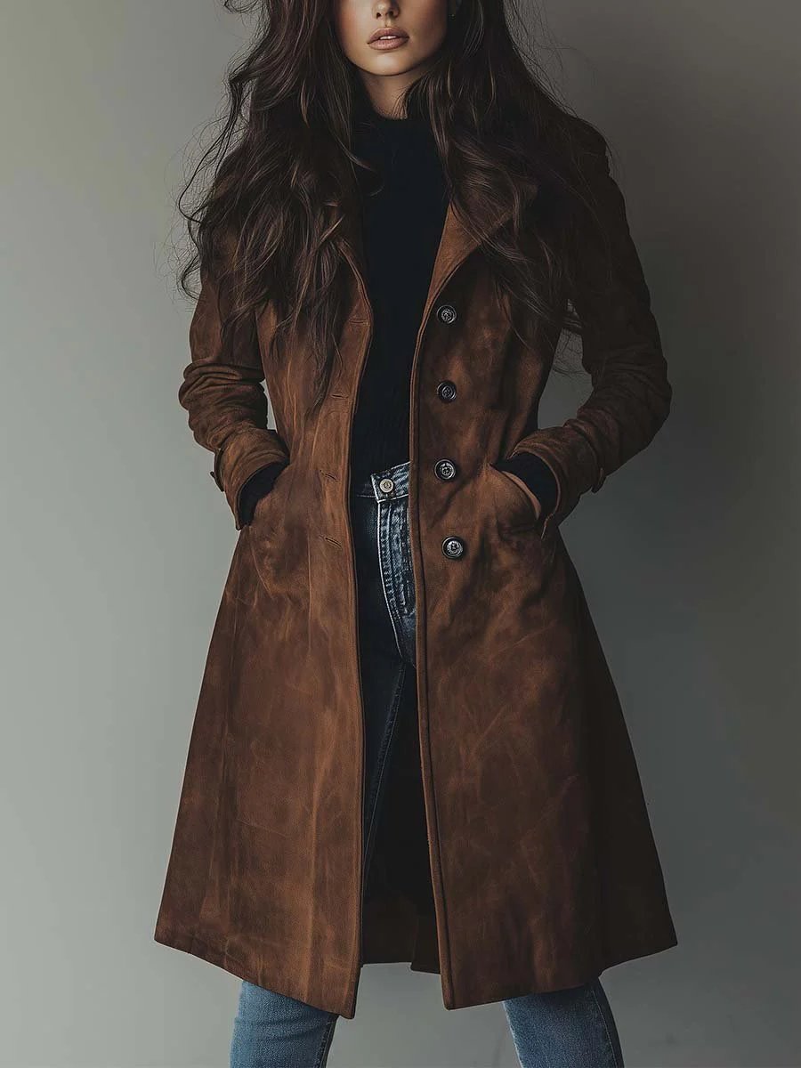 Ladies' Tailored Long Suede-Look Coat with Button Closure