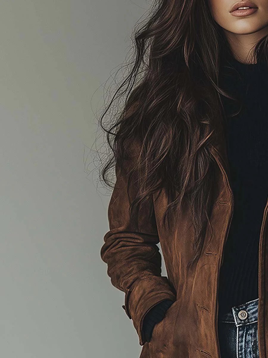 Ladies' Tailored Long Suede-Look Coat with Button Closure