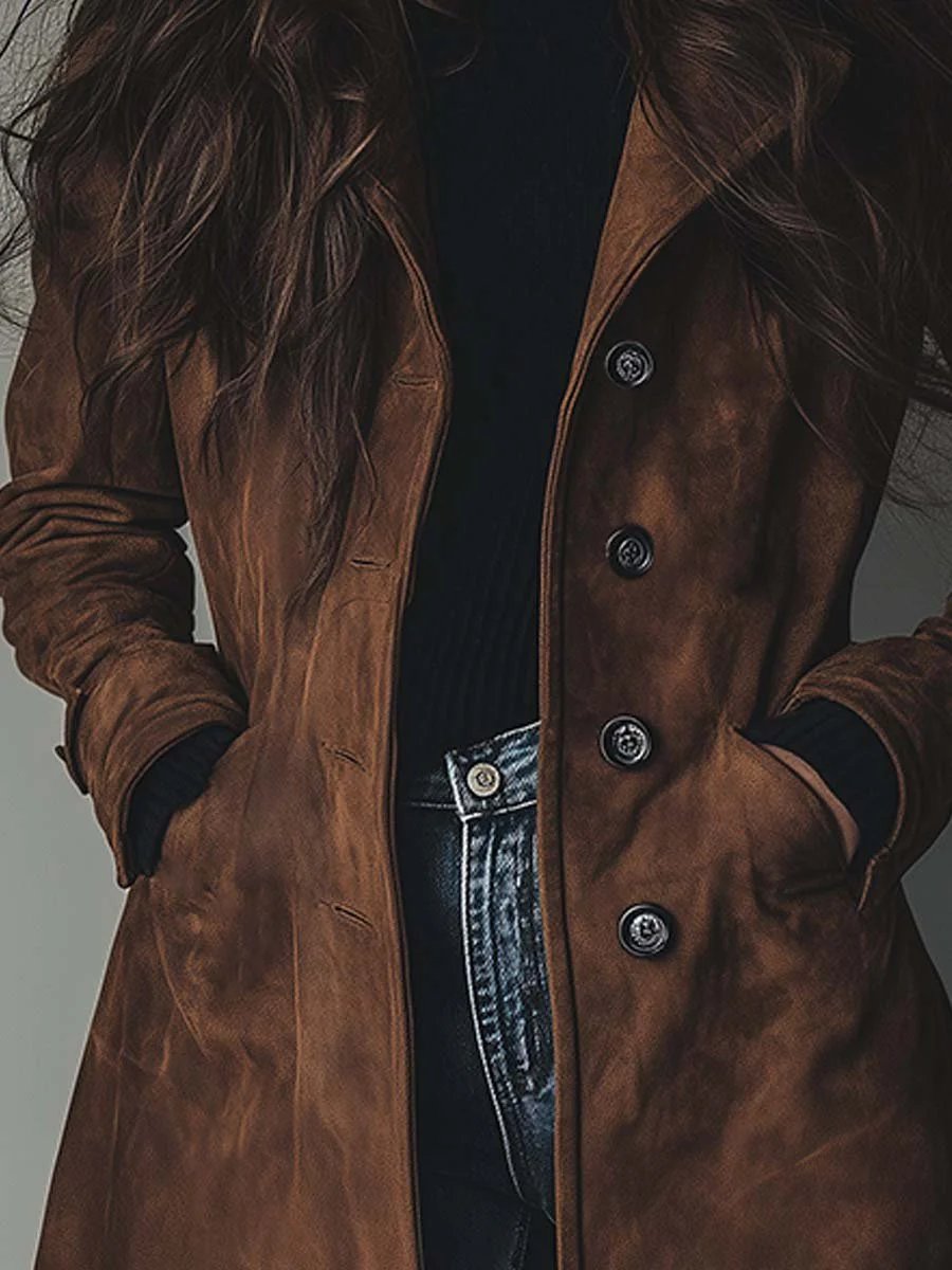 Ladies' Tailored Long Suede-Look Coat with Button Closure