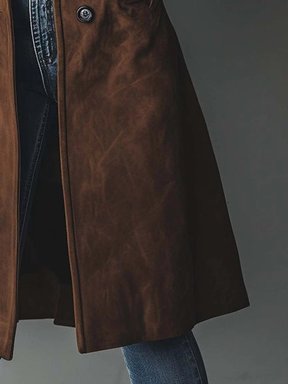 Ladies' Tailored Long Suede-Look Coat with Button Closure