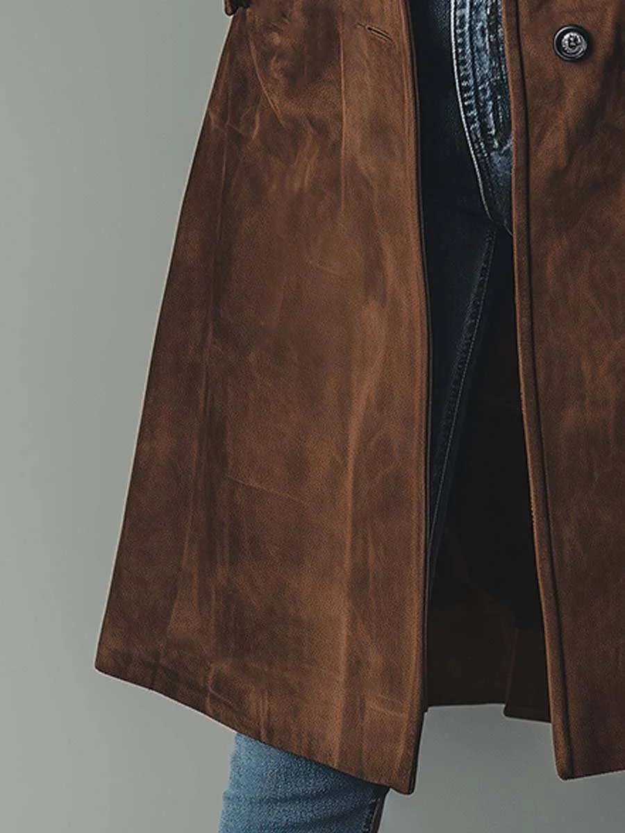 Ladies' Tailored Long Suede-Look Coat with Button Closure