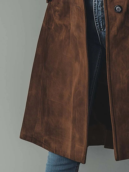 Ladies' Tailored Long Suede-Look Coat with Button Closure