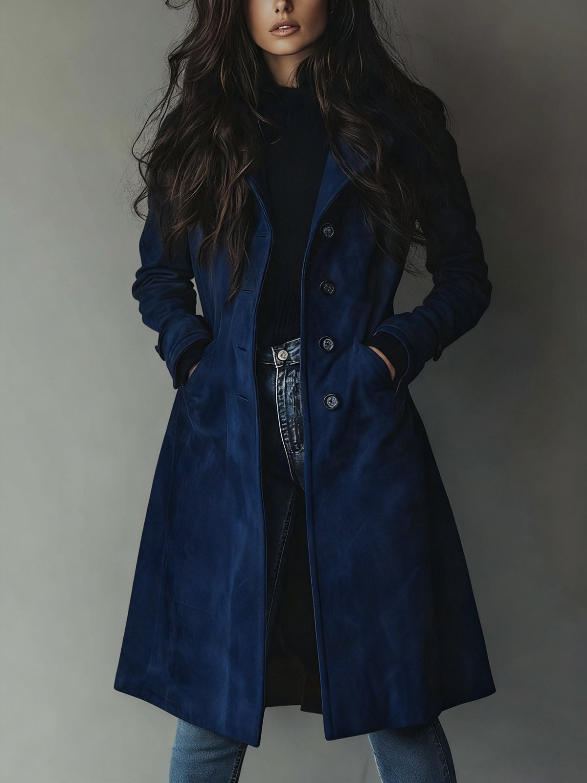 Ladies' Tailored Long Suede-Look Coat with Button Closure