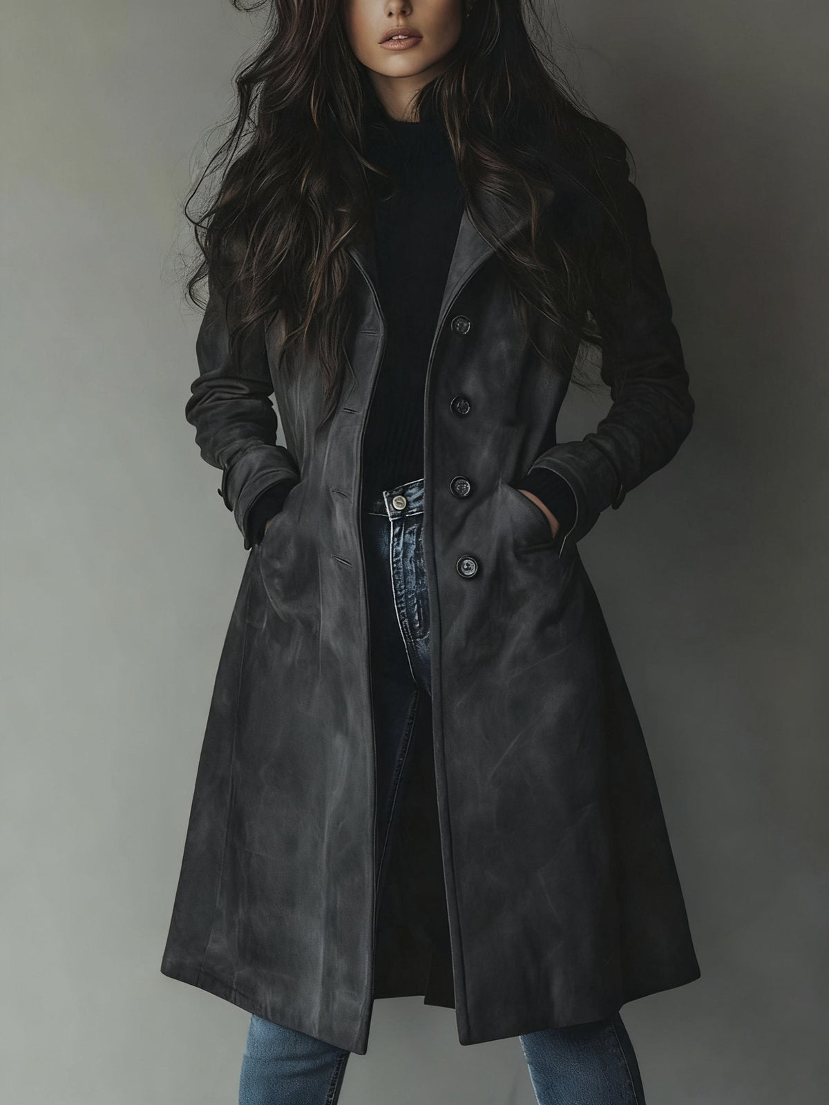 Ladies' Tailored Long Suede-Look Coat with Button Closure