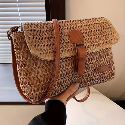 Mala de ombro entrançada para mulher, feita de palha, com alça ajustável, ideal para looks de verão