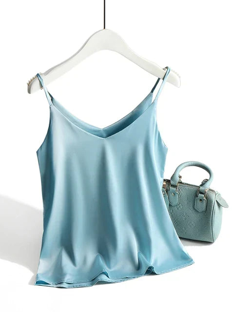 Camiseta básica de seda para mujer con tirantes finos