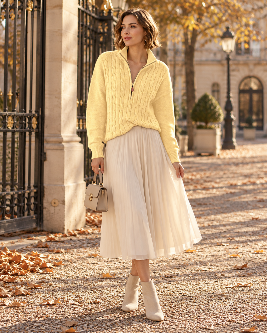 Ladies' Refined Knitted Jumper with Quarter Zip and Cable Pattern