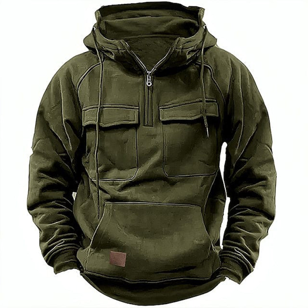 Retro Motor Hoodie for Men with a Rugged Look and Practical Details