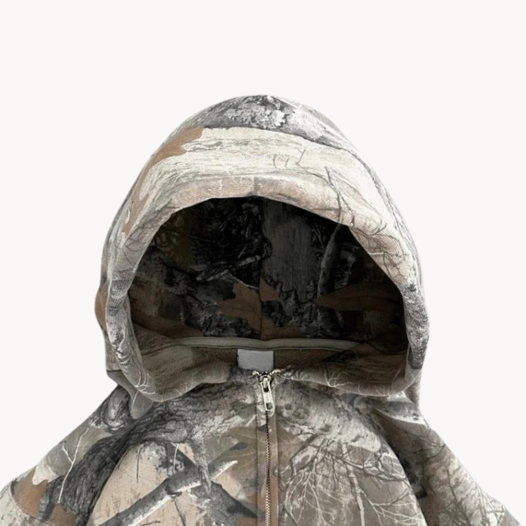Nadrozmerná unisex mikina s kapucňou v mestskom maskáčovom vzore – uvoľnený streetwearový vzhľad