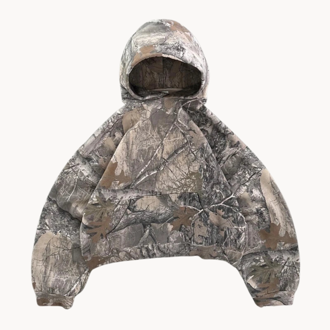 Nadrozmerná unisex mikina s kapucňou v mestskom maskáčovom vzore – uvoľnený streetwearový vzhľad