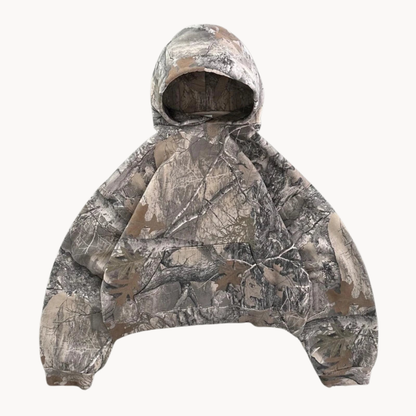 Nadrozmerná unisex mikina s kapucňou v mestskom maskáčovom vzore – uvoľnený streetwearový vzhľad