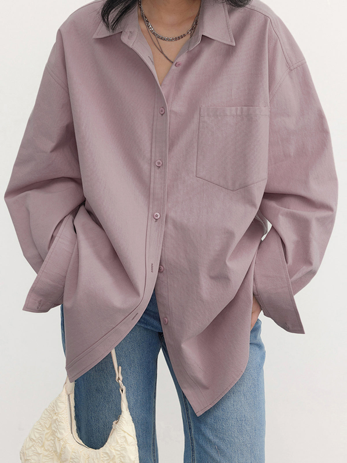 Ladies Relaxed Oversized Blouse with Chest Pocket and Button Closure
