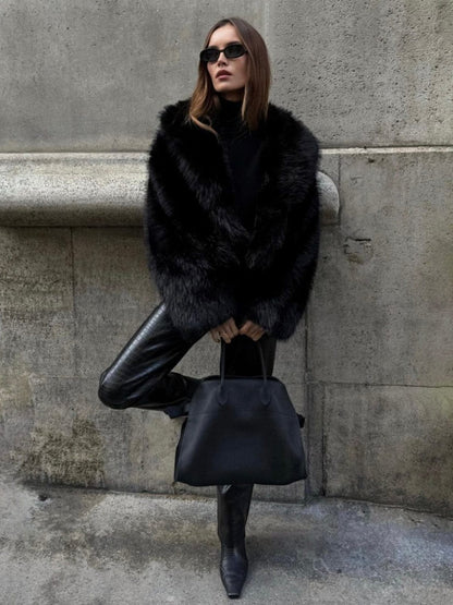 Black Faux Fur Jacket Short Model Warm and Soft for Women