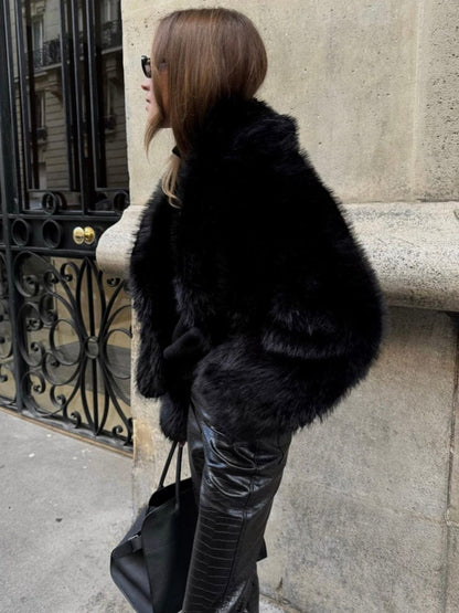 Black Faux Fur Jacket Short Model Warm and Soft for Women