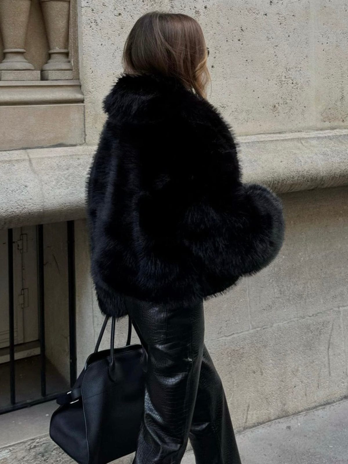 Black Faux Fur Jacket Short Model Warm and Soft for Women