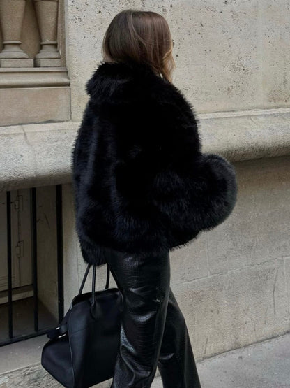 Black Faux Fur Jacket Short Model Warm and Soft for Women