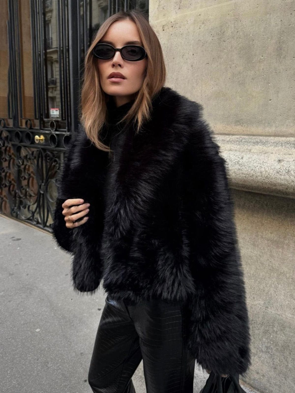 Black Faux Fur Jacket Short Model Warm and Soft for Women