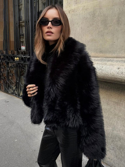 Black Faux Fur Jacket Short Model Warm and Soft for Women