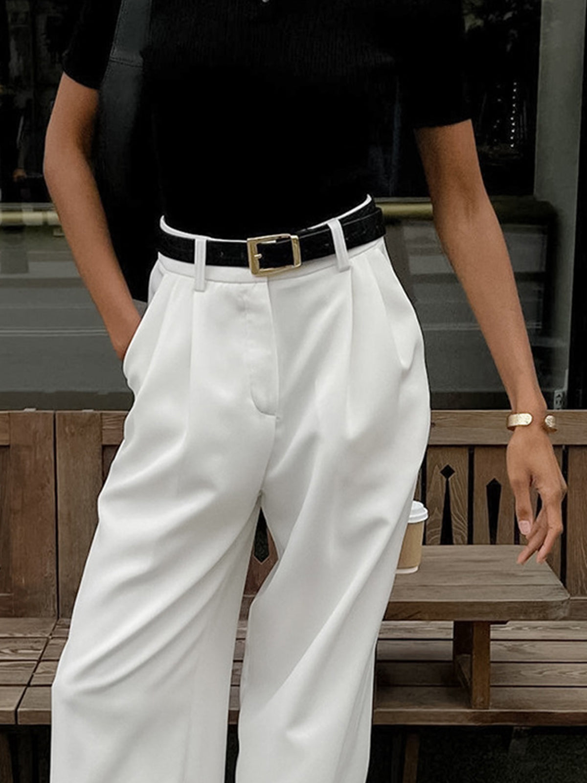 Ladies' high waist wide leg trousers with pleats and straight legs