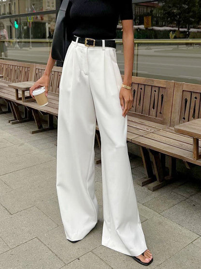 Ladies' high waist wide leg trousers with pleats and straight legs