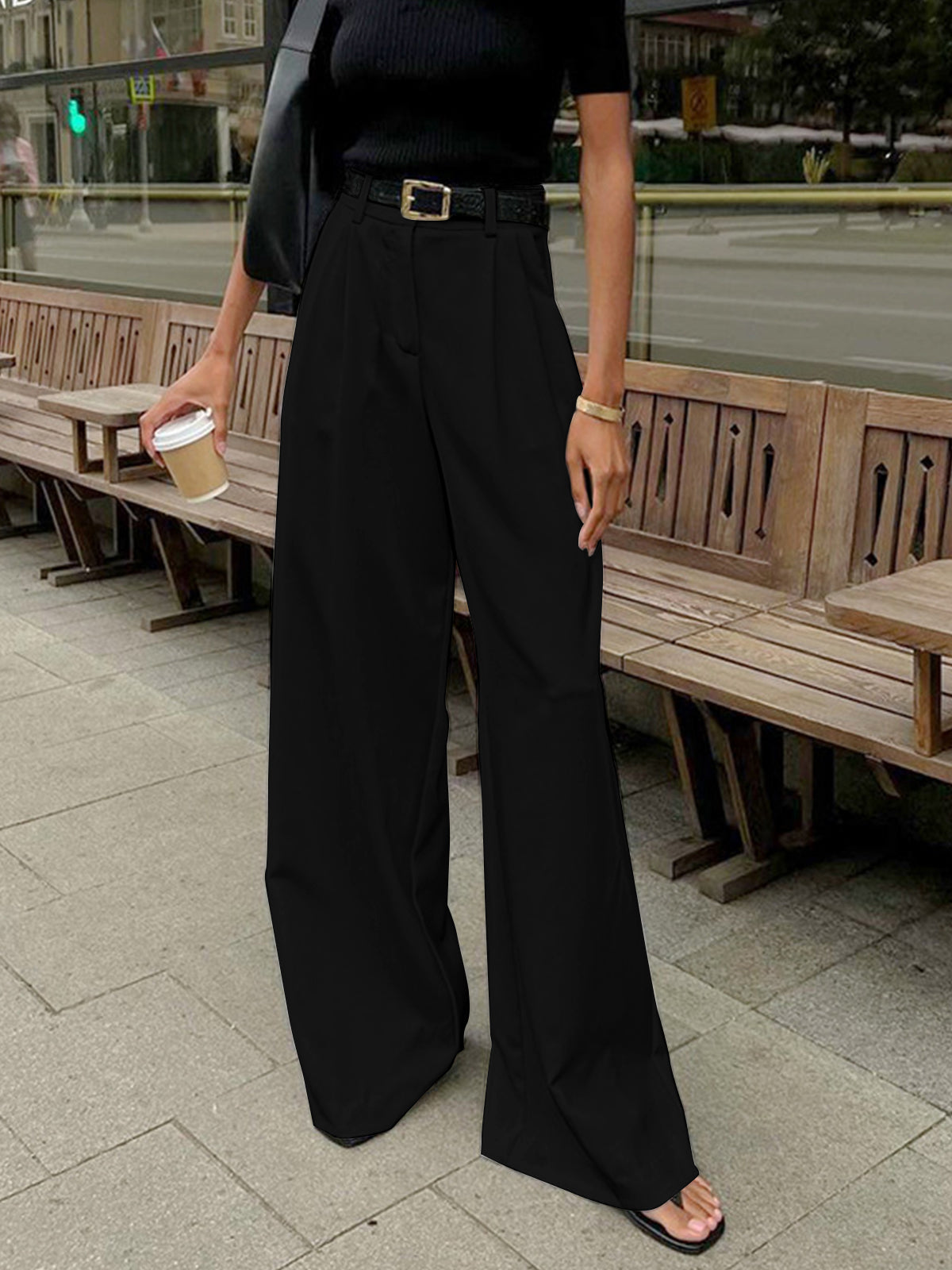 Ladies' high waist wide leg trousers with pleats and straight legs