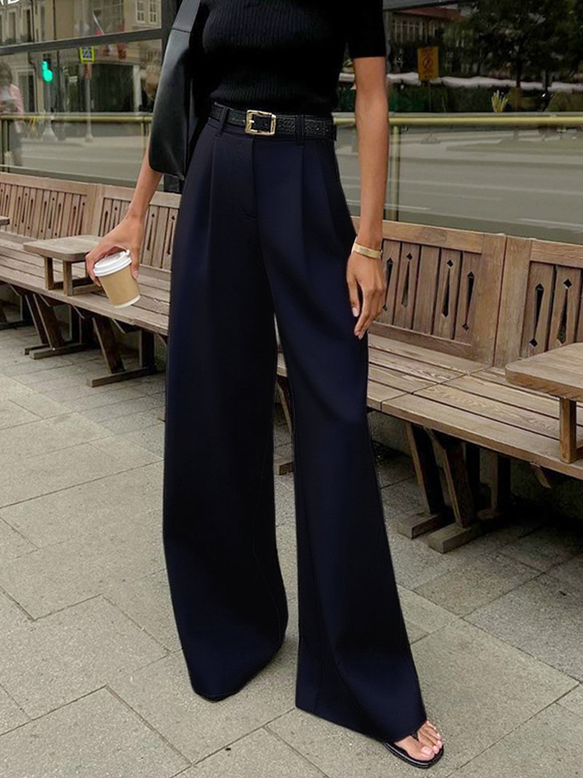 Ladies' high waist wide leg trousers with pleats and straight legs